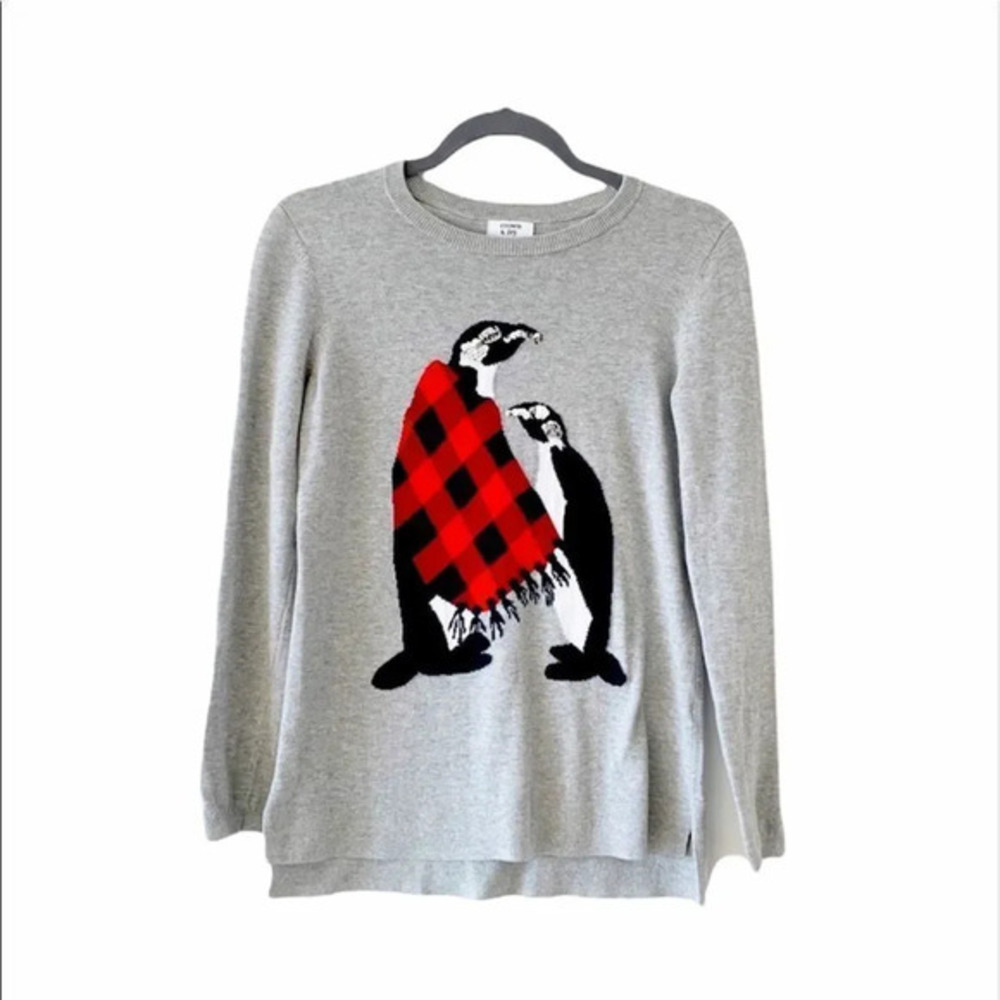 Crown & Ivy Penguin Sweater Women's XS Holiday Winter Sequins Novelty Plaid Cute